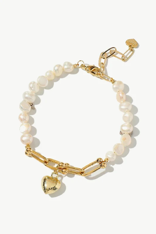 bracelets rose gold elegant -14K Gold Plated Heart Charm Pearl Bracelet