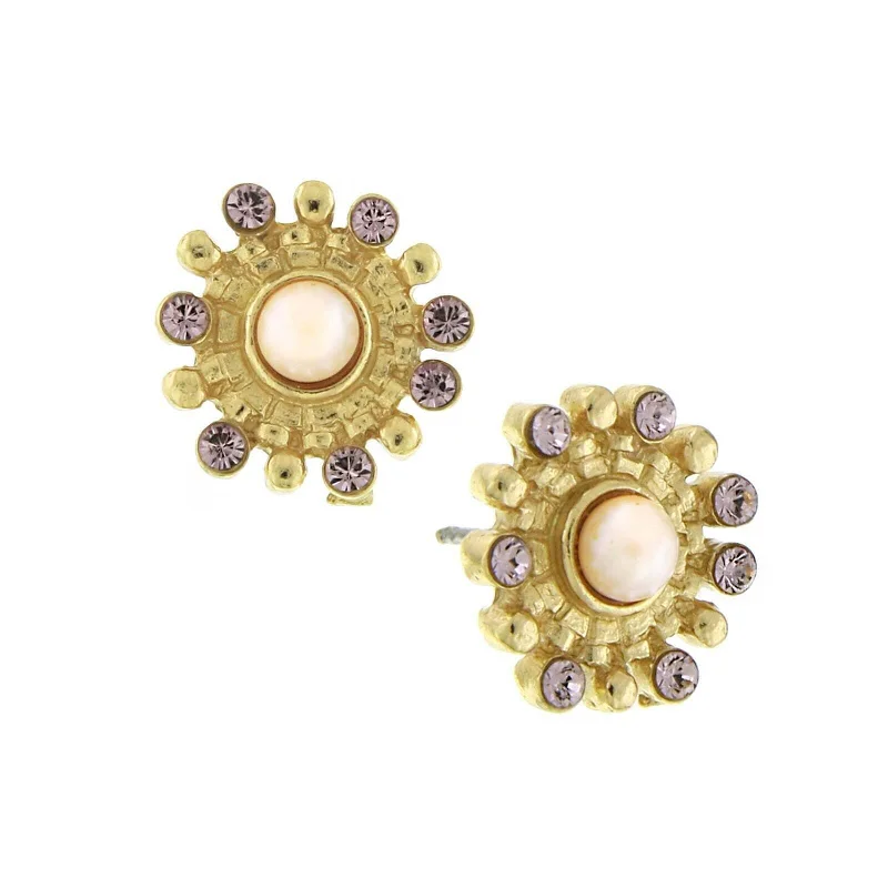 ladies earrings with diamond studs -1928 Jewelry Rosabella Pink Faux Pearl & Light Amethyst Crystal Button Earrings