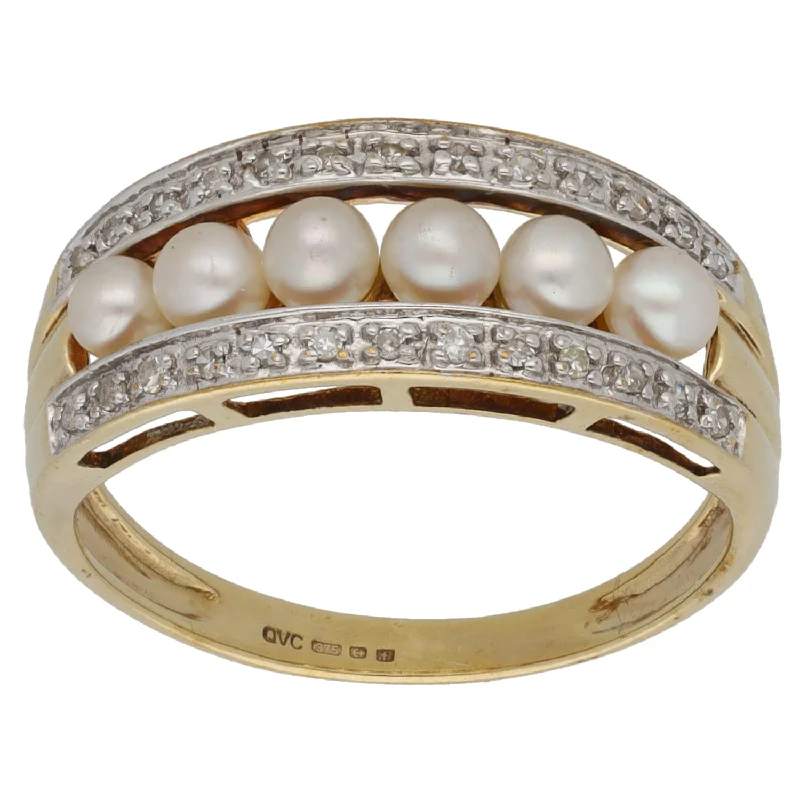 ladies engagement rings affordable luxury -9ct Gold Cultured Pearl & 0.13ct Diamond Dress/Cocktail Ring Size S