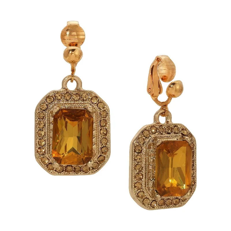 ladies earrings with orange garnet -1928 Jewelry Topaz Octagon Stone & Crystal Clip On Earrings