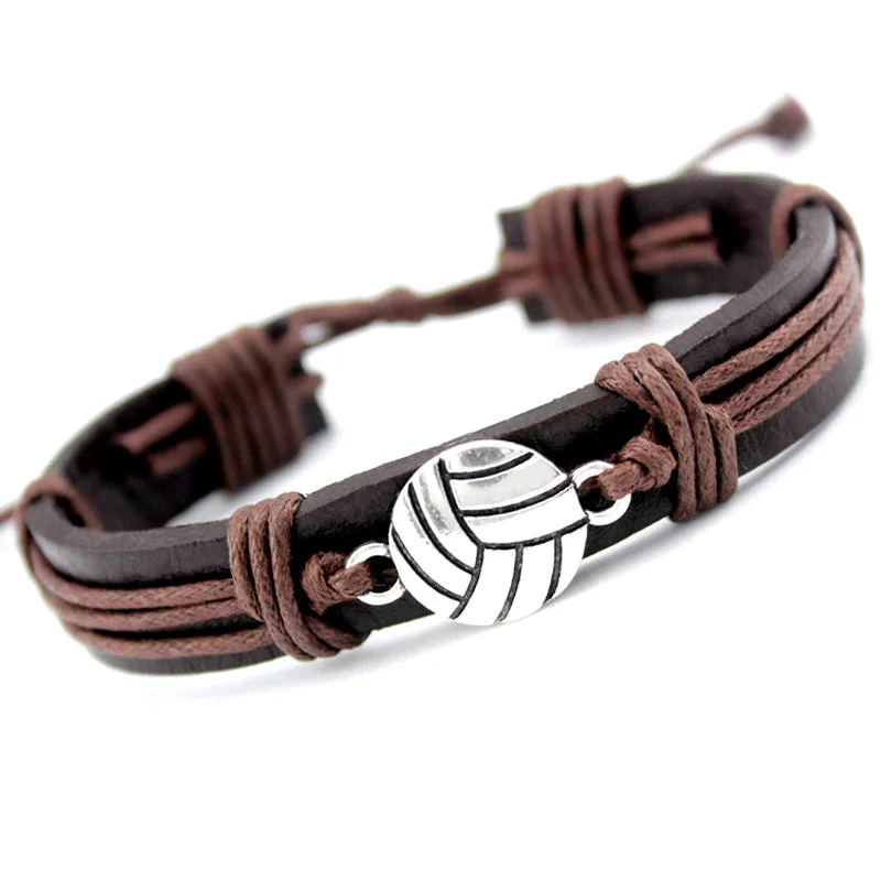 bracelets with engraved name -Volleyball Football Soccer Softball Lacrosse Hockey Basketball Calisthenics Charm Leather Bracelets Women Men Unisex Jewelry