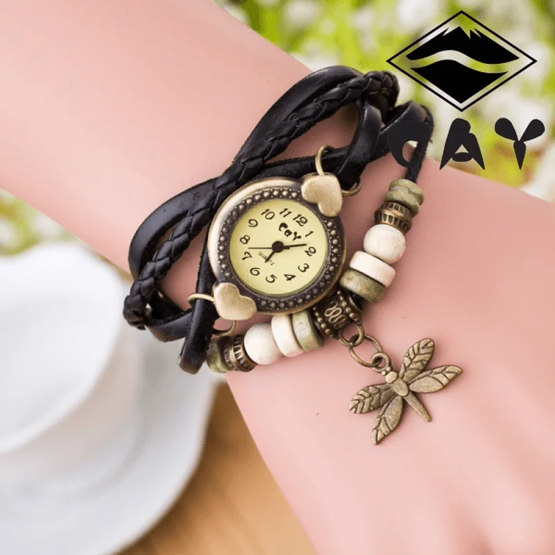 bracelets thin elegant -Fashion Vintage Multi-Layer Dragonfly Pendant Beaded Bracelet Quartz Watch Wristwatch