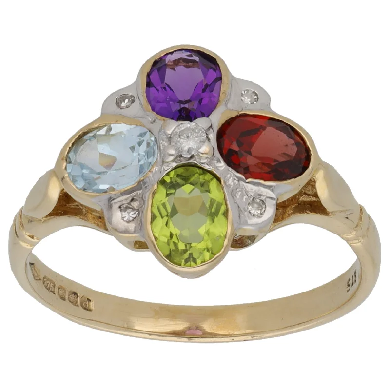 ladies engagement rings for daily wear -9ct Gold Amethyst & Garnet & Topaz & Peridot & 0.04ct Diamond Dress/Cocktail Ring Size N