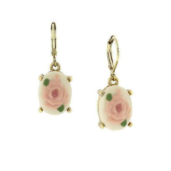 ladies earrings for wedding day -1928 Jewelry Pink And Ivory Porcelain Rose Cameo Drop Earrings