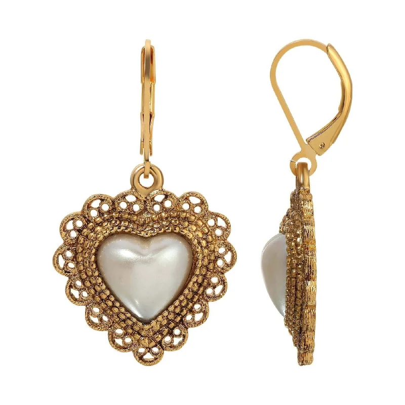 ladies earrings promise token -1928 Jewelry Faux Pearl Heart Filigree Drop Earrings