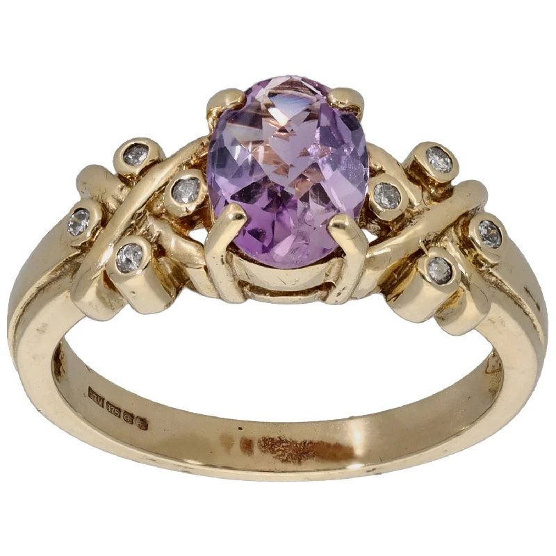 ladies engagement rings art deco flair -9ct Gold 0.08ct Diamond & Amethyst Single Stone Ring with Accent Stones Size N