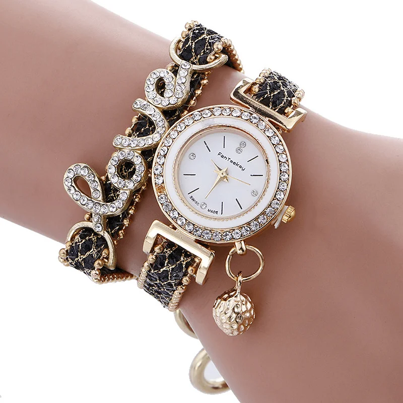 bracelets with geometric shape -Fashion Luxury Women Watch Love Word Leather Strap Ladies Bracelet Quartz Watch