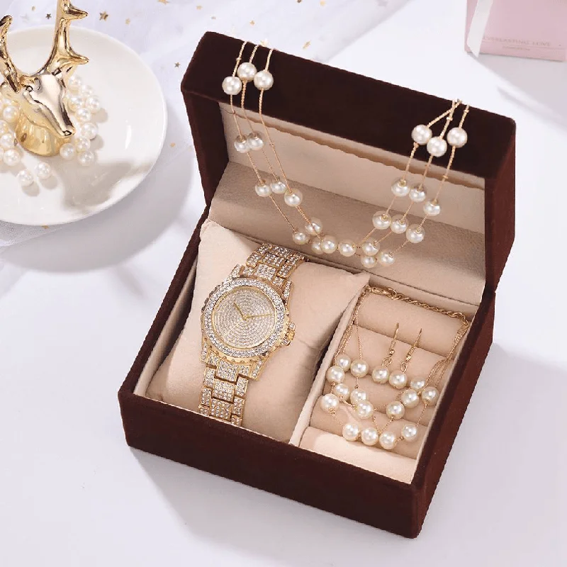 bracelets for brides -Deffrun 4 Pcs Women Watch Set Full Diamond round Watch Pearl Bracelet Earrings Necklace Gift Kit