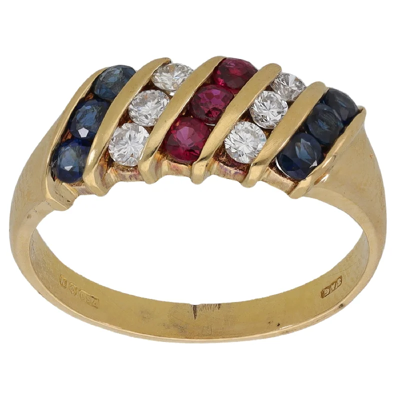 ladies engagement rings vintage inspired -18ct Gold Ruby & Sapphire & 0.24ct Diamond Dress/Cocktail Ring Size N