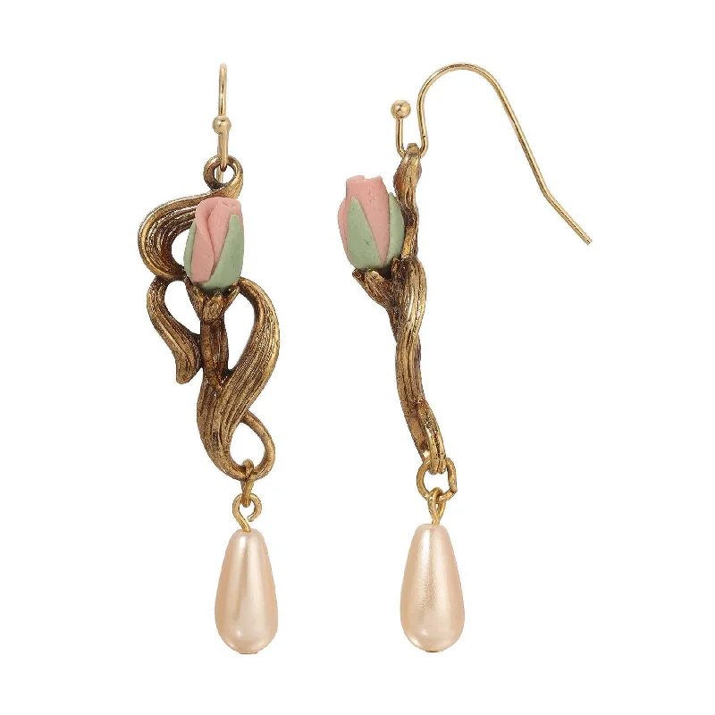 ladies earrings for fashion lovers -1928 Jewelry Pink Porcelain Rose Bud & Champagne Faux Pearl Teardrop Dangling Earrings