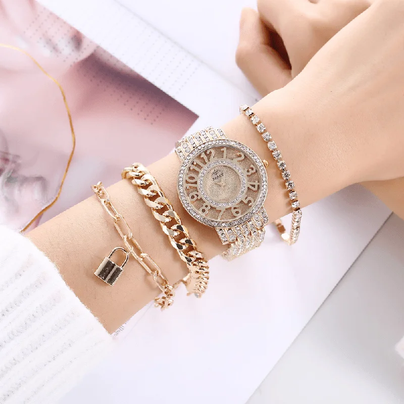 bracelets for daily use -4 Pcs Fashion Alloy Stainless Steel Large Dial Steel Band Lady Quartz Watch Bracelet