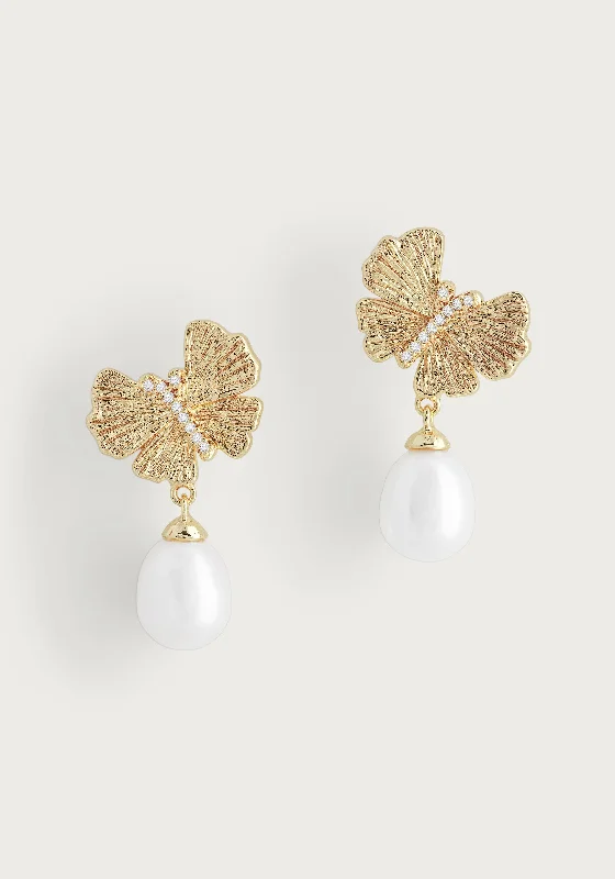 ladies earrings simple minimalist -Butterfly With Pearl Drop Earrings