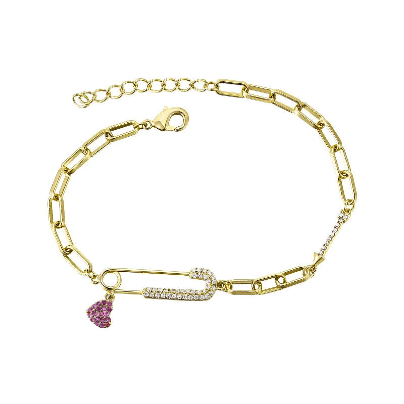 bracelets for daily use -Rg Children's 14k Gold Plated with Ruby & Diamond Cubic Zirconia Safety Pin Dangle Heart Charm Adjustable Bracelet