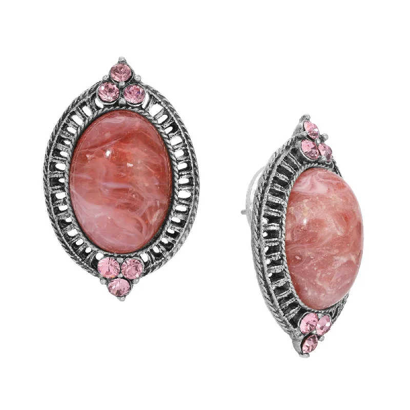 ladies earrings with zircon shine -1928 Jewelry Oval Coral Quartz Stone & Light Rose Pink Crystal Post Earrings