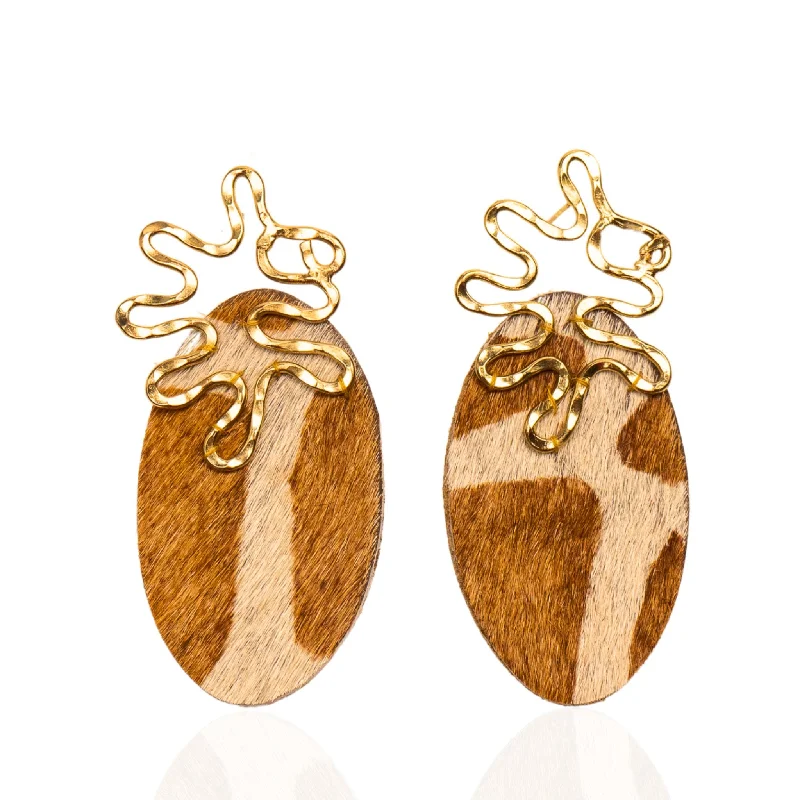 ladies earrings luxury brand name -Asili Leather Mohair Statement Earrings - Giraffe/Wired Gold