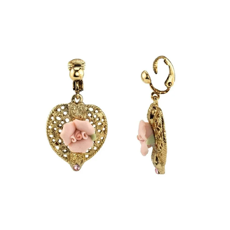 ladies earrings for birthday gift -1928 Jewelry Porcelain Rose Filigree Heart Clip On Earrings