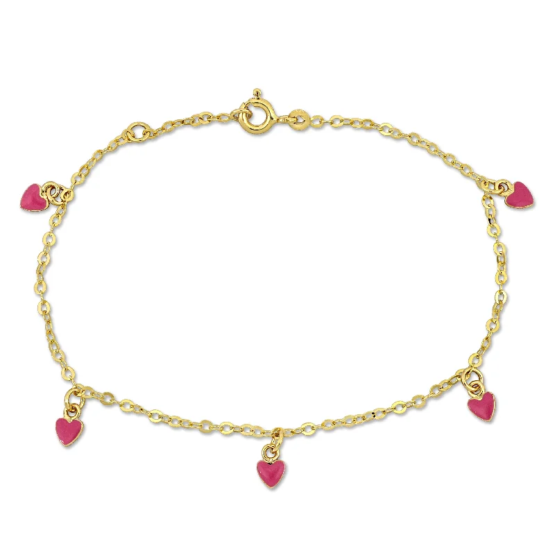 bracelets with green peridot -Mimi & Max Children's Pink Enamel Heart Charm Link Chain Station Bracelet in 14k Yellow Gold - 6.5+0.5 in.