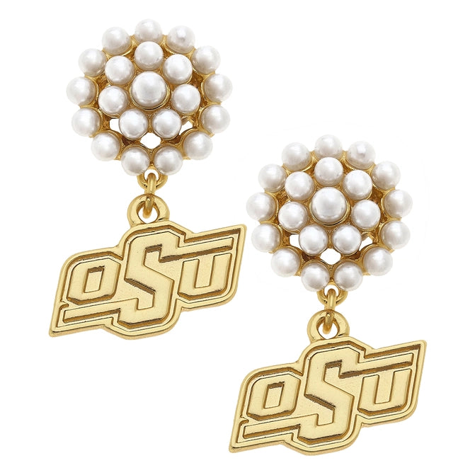 ladies earrings with peridot green -OSU Logo Pearl Cluster Earring