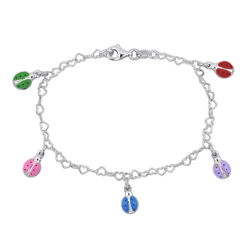 bracelets with evil eye -Mimi & Max Children's Multi-Color Enamel Ladybug Charm Heart Link Chain Bracelet in Sterling Silver - 7 in