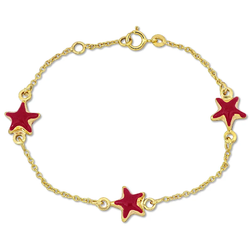 bracelets timeless beauty -Mimi & Max Children's Puff Pink Enamel Star Charm Rolo Chain Link Station Bracelet in 14k Yellow Gold - 5+0.5 in.