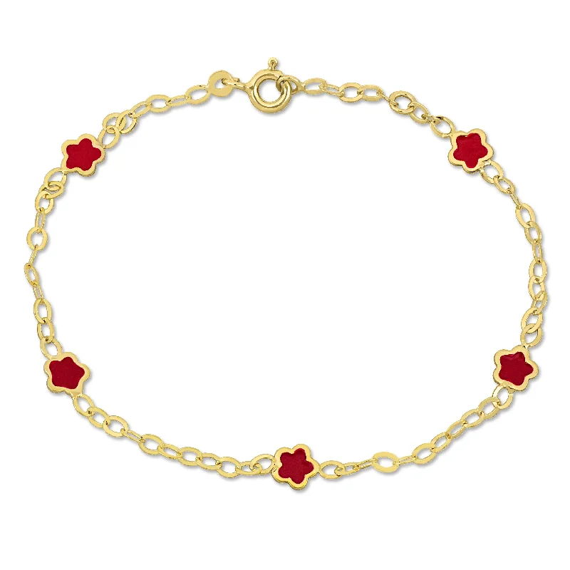 bracelets with geometric shape -Mimi & Max Children's Pink Enamel Flower Charm Station Bracelet in 14k Yellow Gold - 7 in.