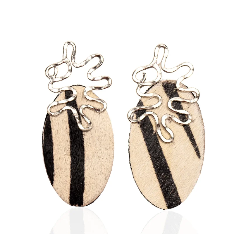 ladies earrings with gemstone accents -Asili Leather Mohair Statement Earrings - Zebra / Wired Silver