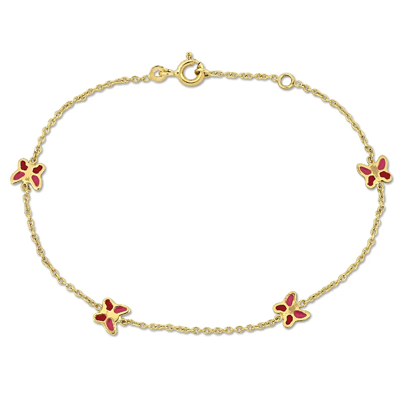 bracelets for mothers -Mimi & Max Children's Pink Enamel Butterfly Charm Rolo Chain Link Bracelet in 14k Yellow Gold - 6.5+0.5 in.