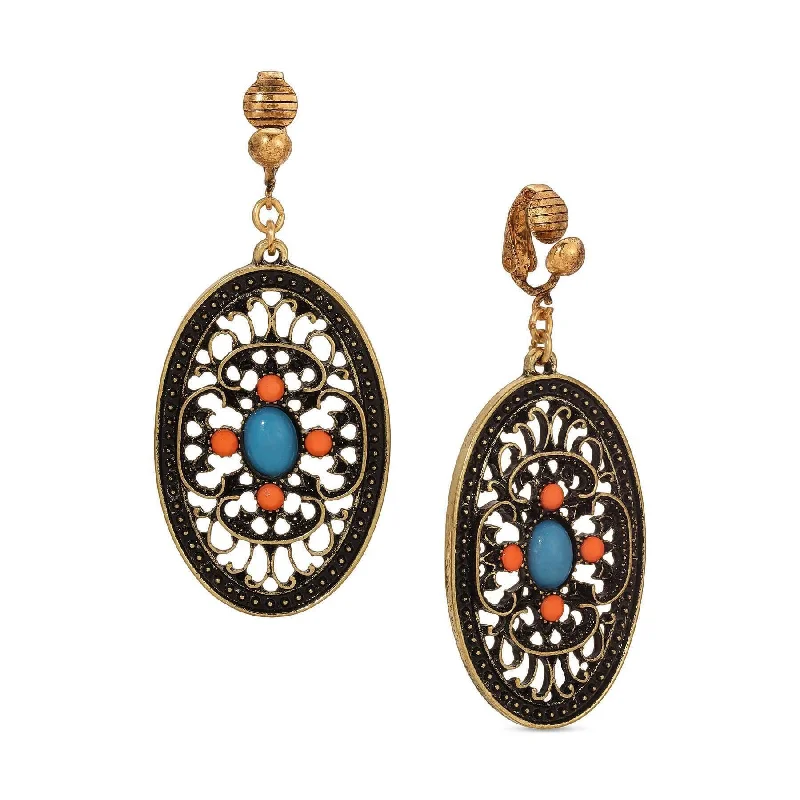 ladies earrings with blue sapphire -1928 Jewelry Brass Turquoise And Coral Filigree Oval Clip On Earrings