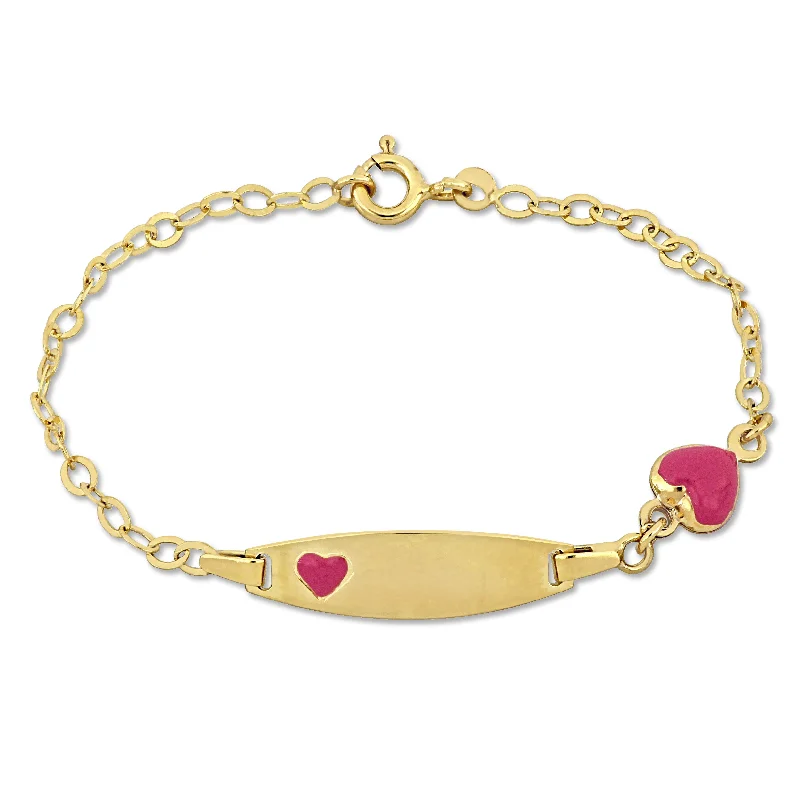 bracelets with crystal beads -Mimi & Max Children's Pink Enamel Heart Charm Link Chain ID Bracelet in 14k Yellow Gold - 6.5+0.5 in.