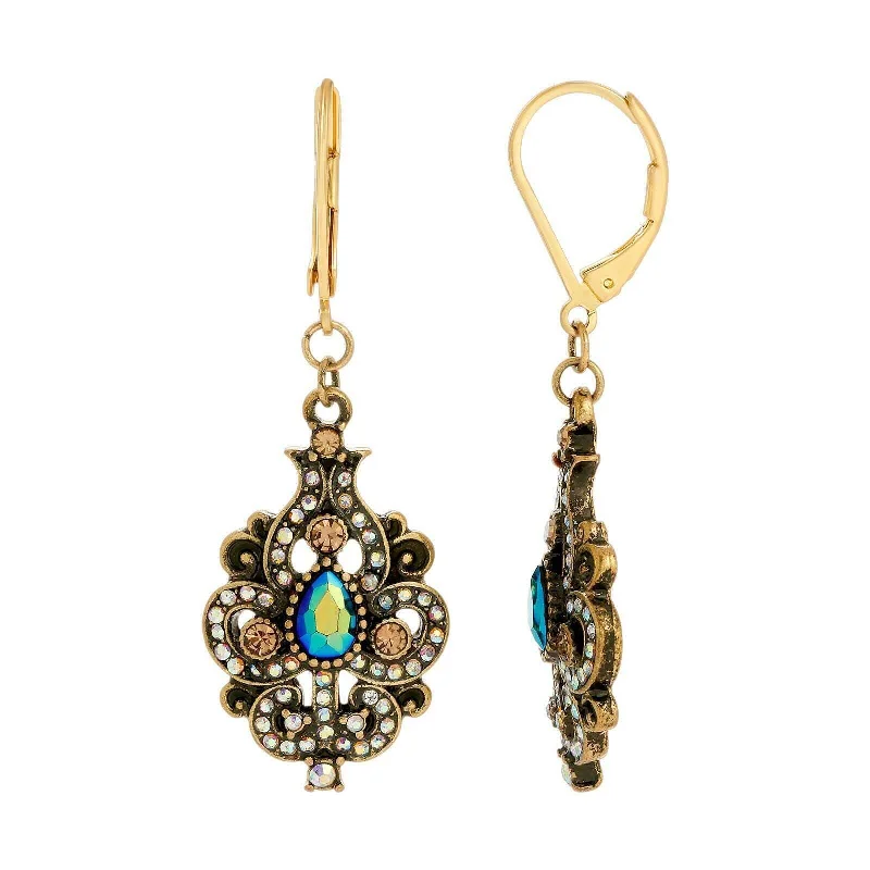 ladies earrings for mother gift -1928 Jewelry Peacock Plumage Art Nouveau Style Blue Iridescent AB Glass Drop Earrings