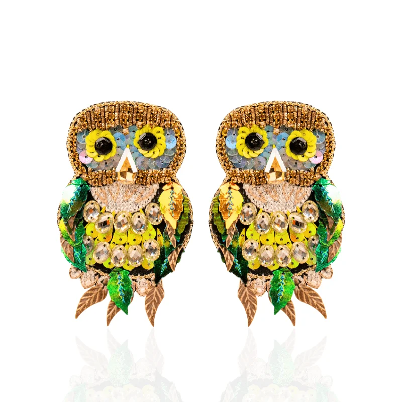 ladies earrings gold hoop style -Imala Owl Statement Earrings