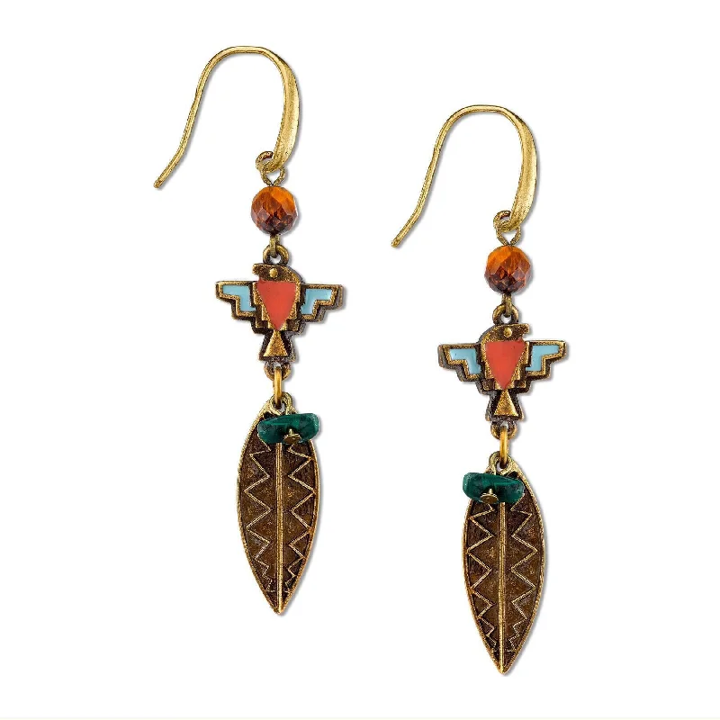 ladies earrings luxury brand name -T.R.U. Enamel Thunderbird Tigers Eye And Malachite Chips Gemstone Drop Earrings