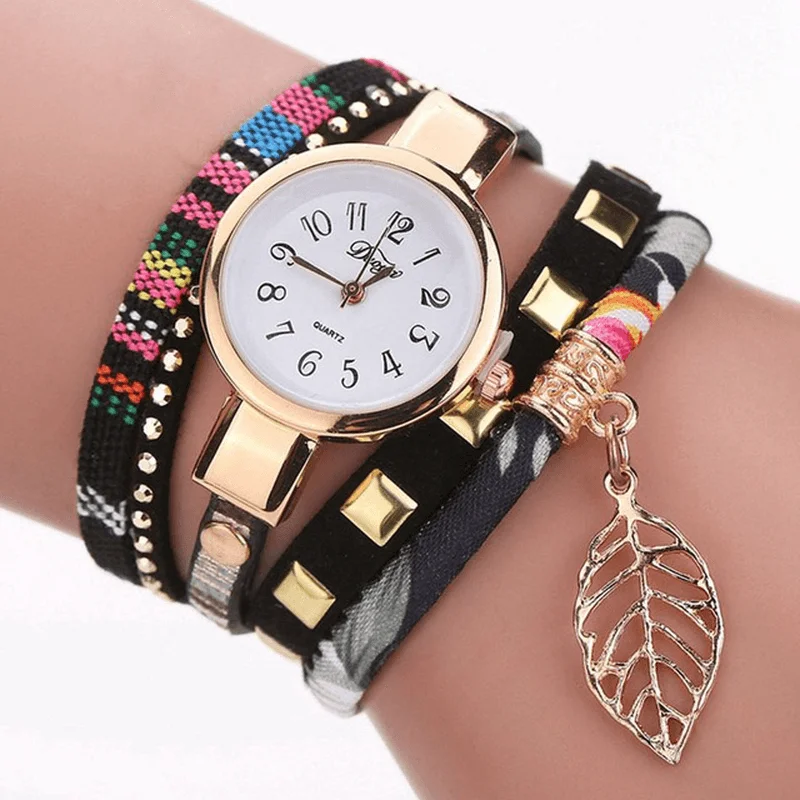 bracelets for women gold -DUOYA DY066 Ladies Bracelet Watch Leaf Fabric Retro Style Quartz Watches