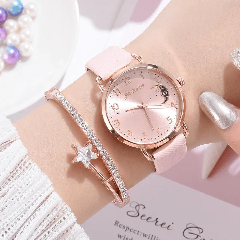 bracelets with heart detail -XR4379 Elegant Luxury 2Pcs Watch Set Women Bracelet Quartz Watch Moon Starry Dial Leather Strap Ladies Gift