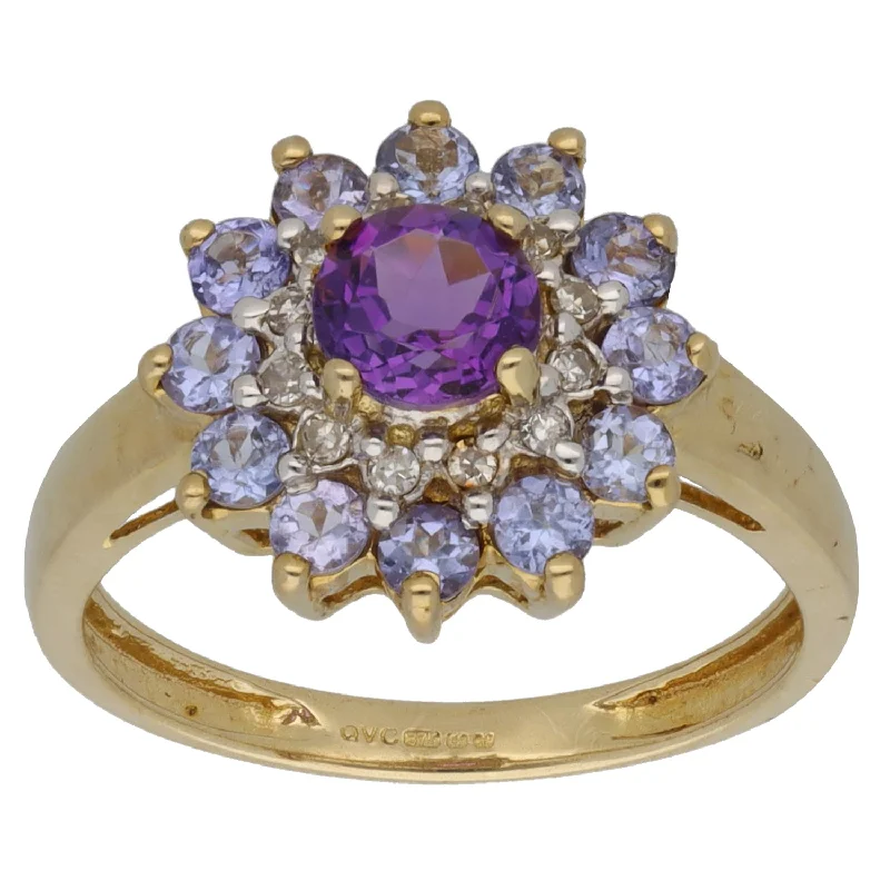 ladies engagement rings geometric pattern -9ct Gold 0.07ct Diamond & Tanzanite & Amethyst Cluster Ring Size L