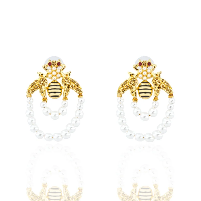 ladies earrings for casual days -Miss Honeycomb Bee Dangles - Pearl