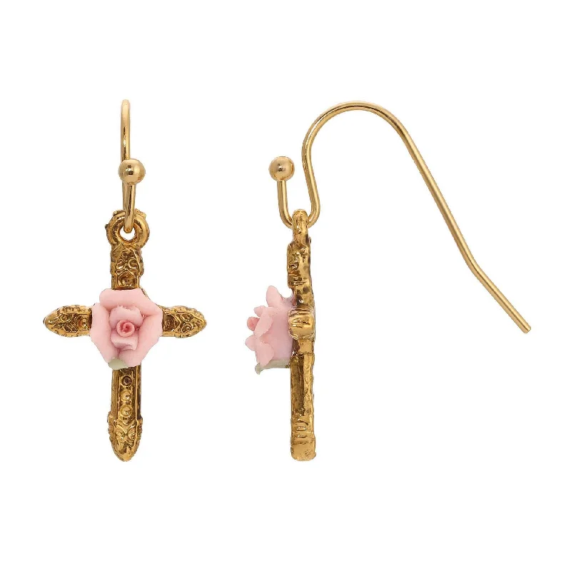 ladies earrings chic modern -1928 Jewelry Cross & Pink Porcelain Rose Drop Earrings