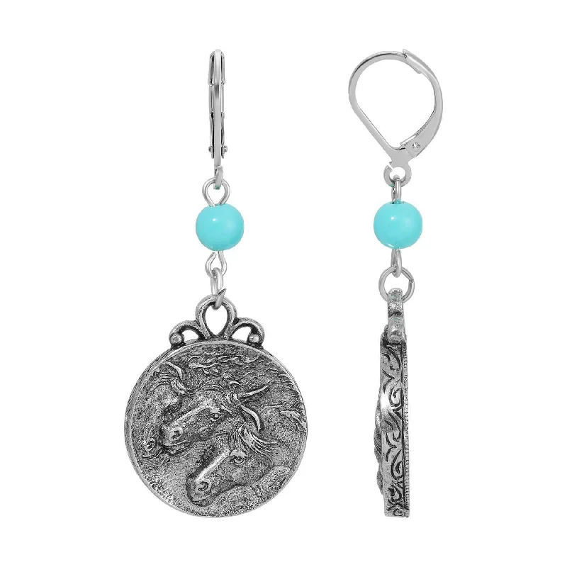 ladies earrings silver drop design -1928 Jewelry Turquoise Beaded Dangling Round Horse Drop Earrings