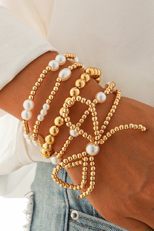 bracelets with crystal beads -Gold Bow Knot Pearl Beaded Multi Layered Bracelet Set