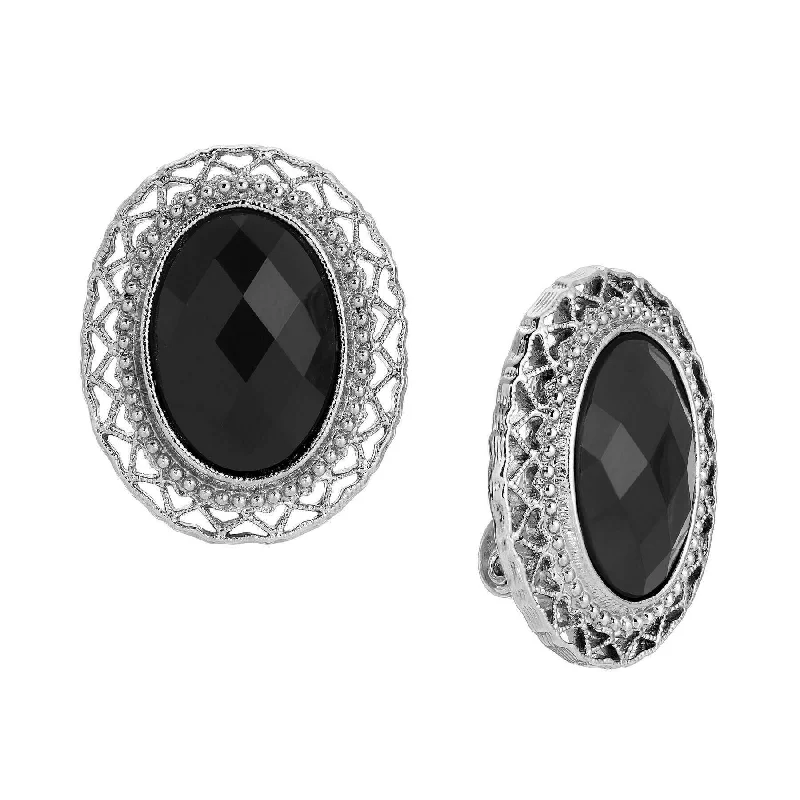 ladies earrings with diamond studs -1928 Jewelry Oval Jet Black Stone Clip On Earrings