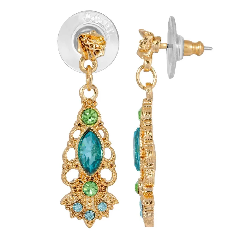 ladies earrings anniversary gift -1928 Jewelry Gold Tone Aqua And Green Crystal Drop Earrings