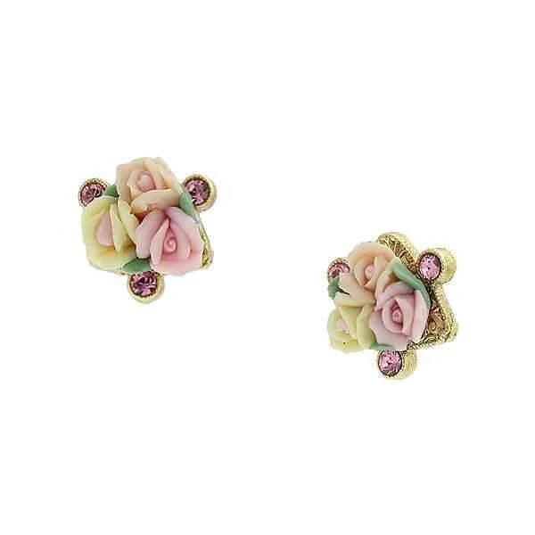 ladies earrings with citrine yellow -1928 Bridal Pink Crystal And Ivory And Pink Porcelain Rose Button Earrings