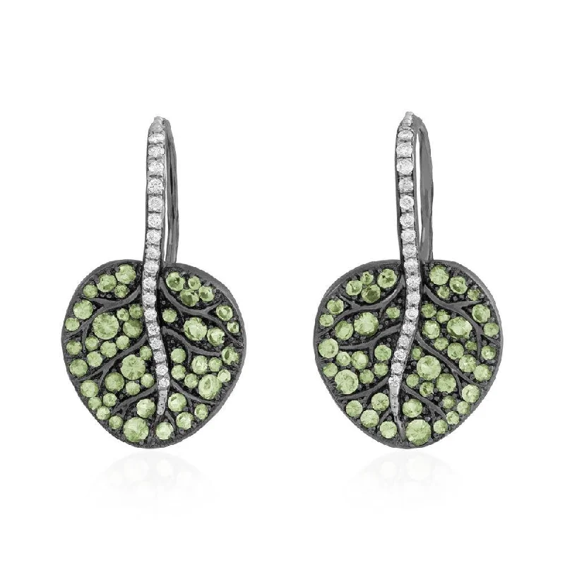 ladies earrings with green emerald -Botanical Leaf Earrings with Peridot and Diamonds