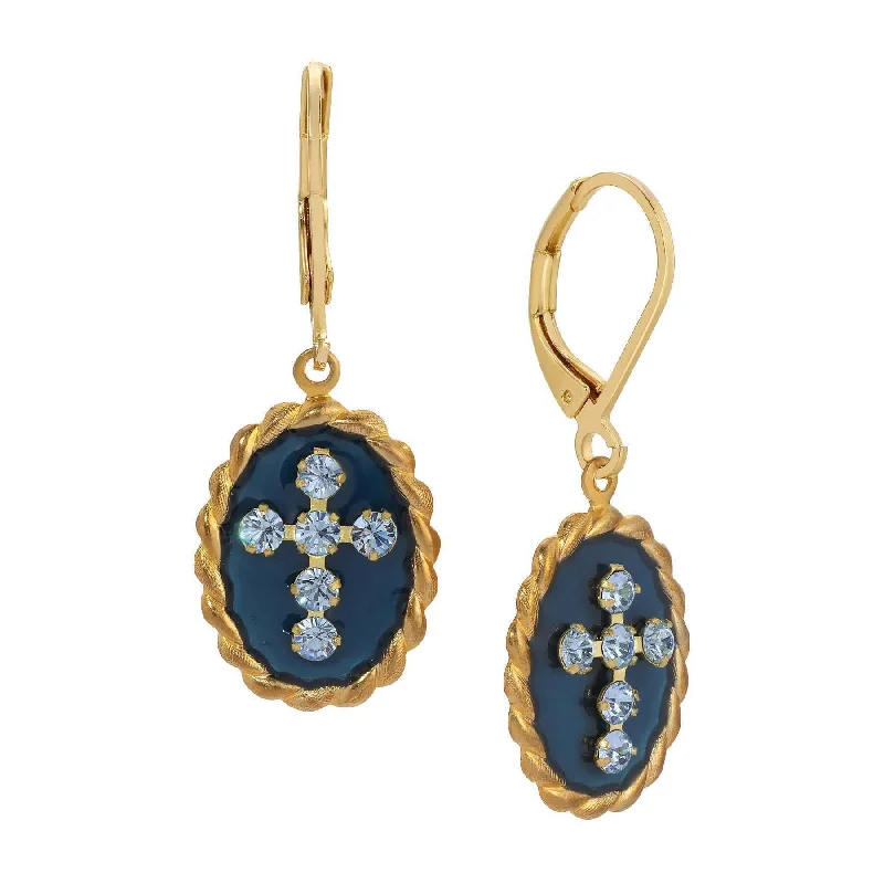 ladies earrings classic elegance -Symbols Of Faith Blue Enamel Crystal Cross Oval Roped Drop Earrings