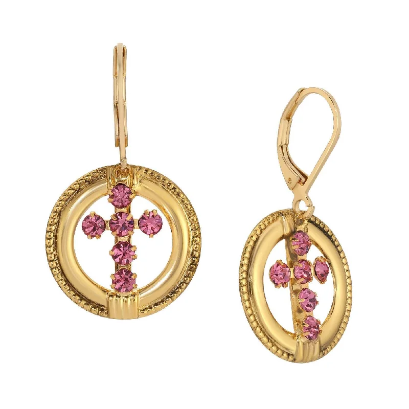 ladies earrings with shell design -Symbols Of Faith Golden Hoop European Crystal Cross Drop Earrings