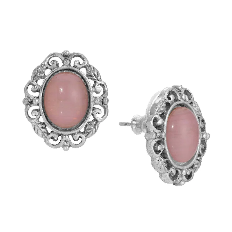 ladies earrings for office style -1928 Jewelry Roseate Paradise Oval Rose Quartz Glass Stone Filigree Leaf Stud Earrings