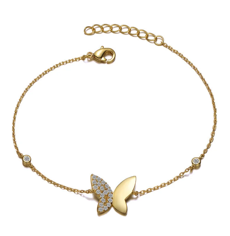 bracelets for young women -Teens/Adults 14k Gold Plated with Clear Cubic Zirconia Butterfly Bracelet