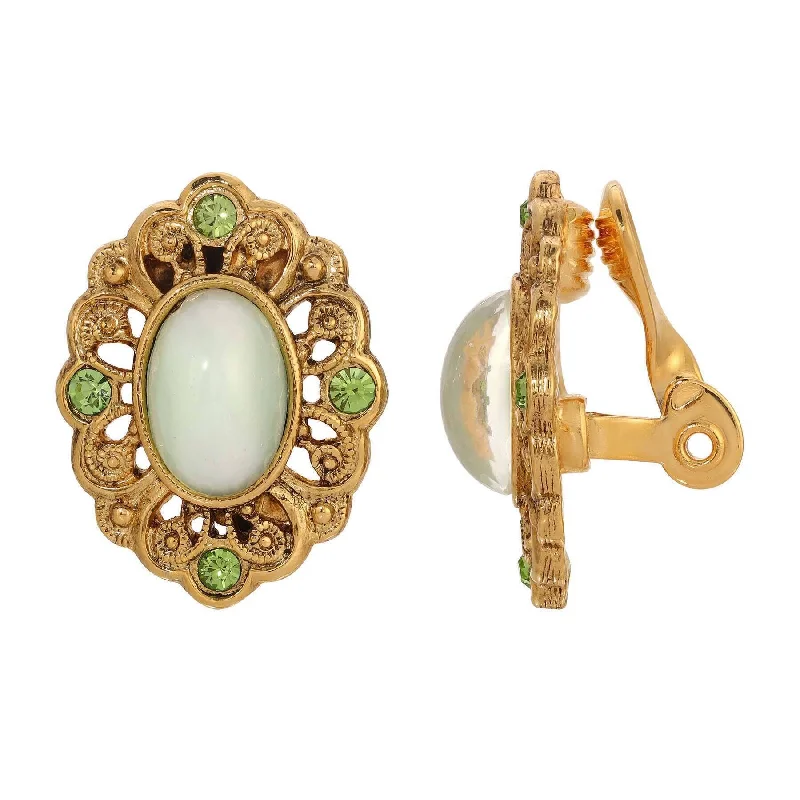 ladies earrings vintage inspired -1928 Jewelry Light Green Cat's Eye & Peridot Green Crystal Filigree Clip On Earrings