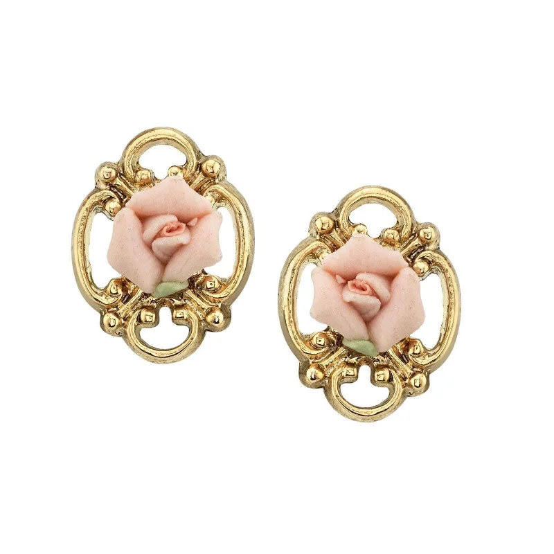 ladies earrings art deco style -1928 Jewelry Sweet Pink Porcelain Rose Button Earrings