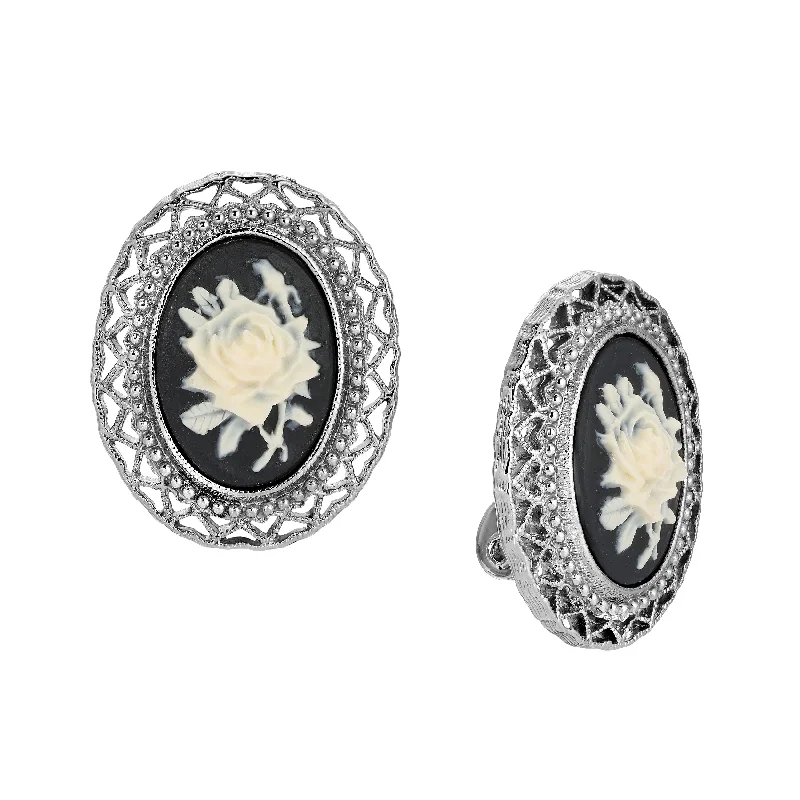 ladies earrings for daily wear -1928 Jewelry Black & Ivory Flower Cameo Hearts Clip On Earrings